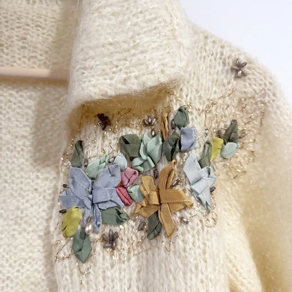 Vintage Handmade 3D Mohair Wool Ivory Beaded Cardigan - Picture 4 of 4